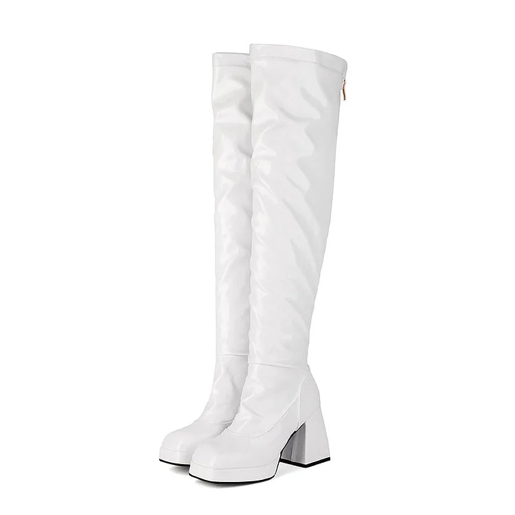 Solid Color Zipper Patchwork Square Toe Chunky Heel Over The Knee Boots