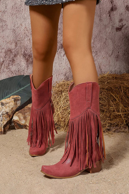 Fringed Trim Solid Color Pointed Toe Chunky Heel Mid Calf Boots