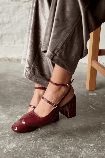 Glossy Wine Red Chunky Heel Two-Strap Mary Jane Pumps