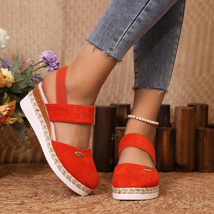 Metal Decor Slingback Strap Closed Toe Plain Espadrille Wedge Sandals