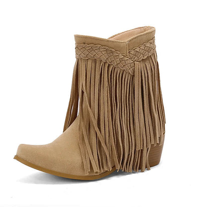 Pointed Toe Braided Fringed Trim Solid Color Chunky Heel Mid Boots