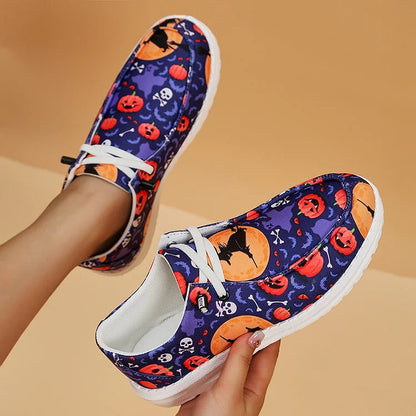 Halloween Element Pumpkin Ghost Skull Print Lace Up Canvas Casual Shoes