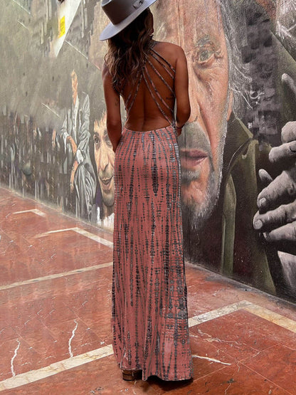 Vestido largo elástico con cordones y espalda con estampado tie-dye 