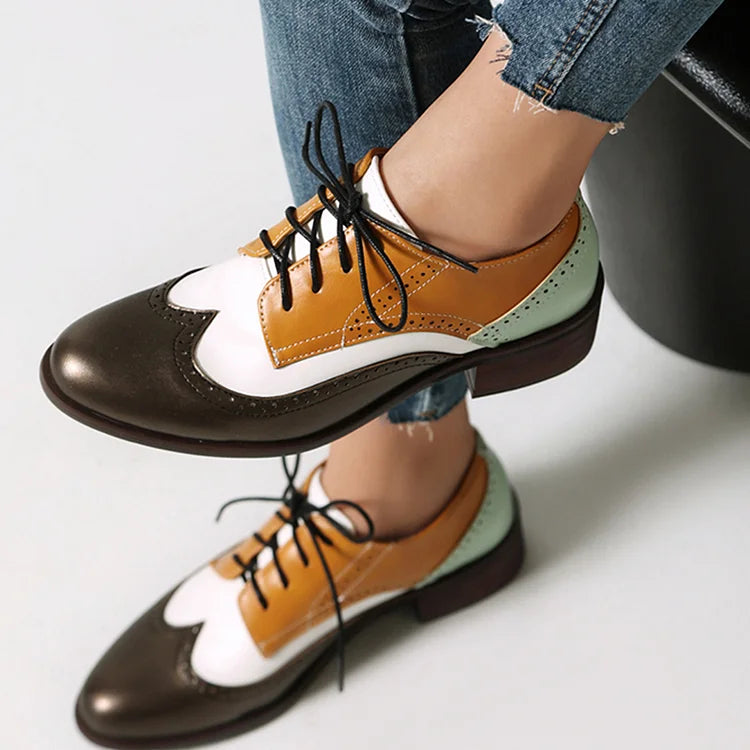 Color Block Lace Up Pointy Toe Casual Brogue Oxfords