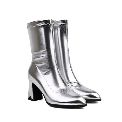 Metallic Sheen Solid Color Pointed Toe Chunky Heel Mid Calf Boots