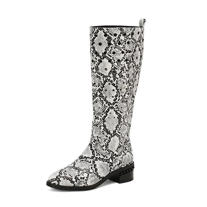 Crocodile Print Hollow Out Round Toe Chunky Heel Knee High Boots