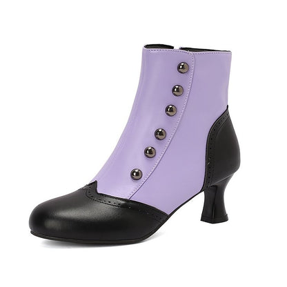 Colorblock Round Toe Metallic Studded Zipper Ankle Boots