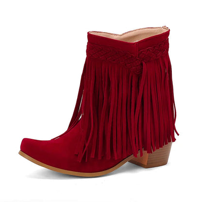 Pointed Toe Braided Fringed Trim Solid Color Chunky Heel Mid Boots