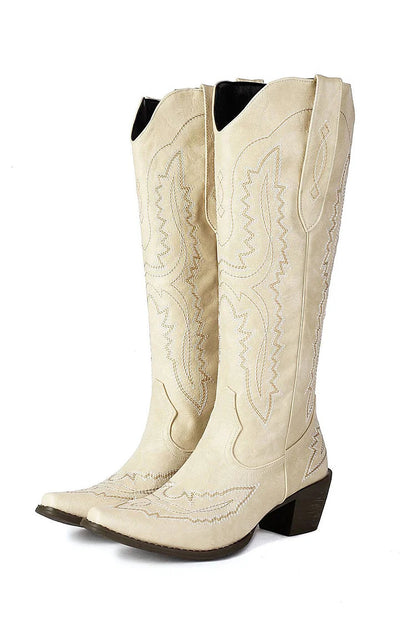 Pointed Toe Embroidery Patchwork Chunky Heel Pull On Western Boots