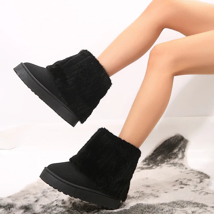 Fluffy Faux Fur Fold Round Toe Pull On Snow Boots