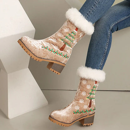 Christmas Tree Embroidery Fluffy Round Toe Chunky Heel Velvet Mid Boots