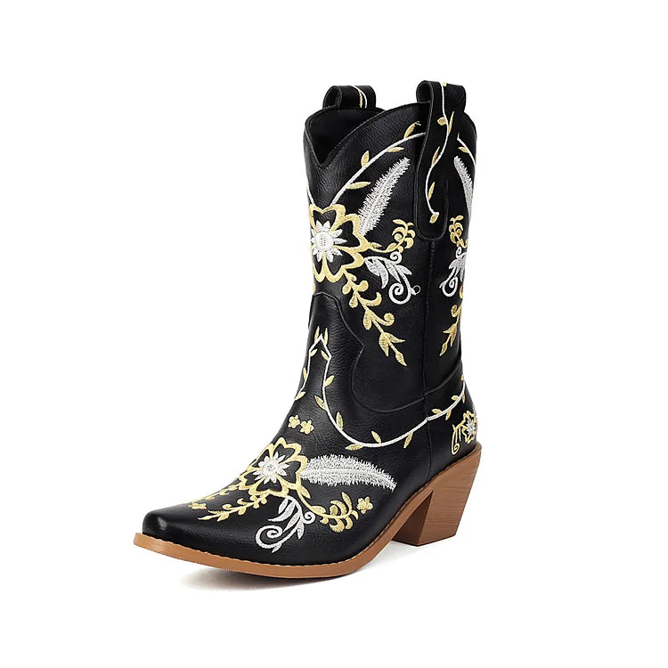 Floral Embroidery Patchwork Pointed Toe Chunky Heel Western Boots