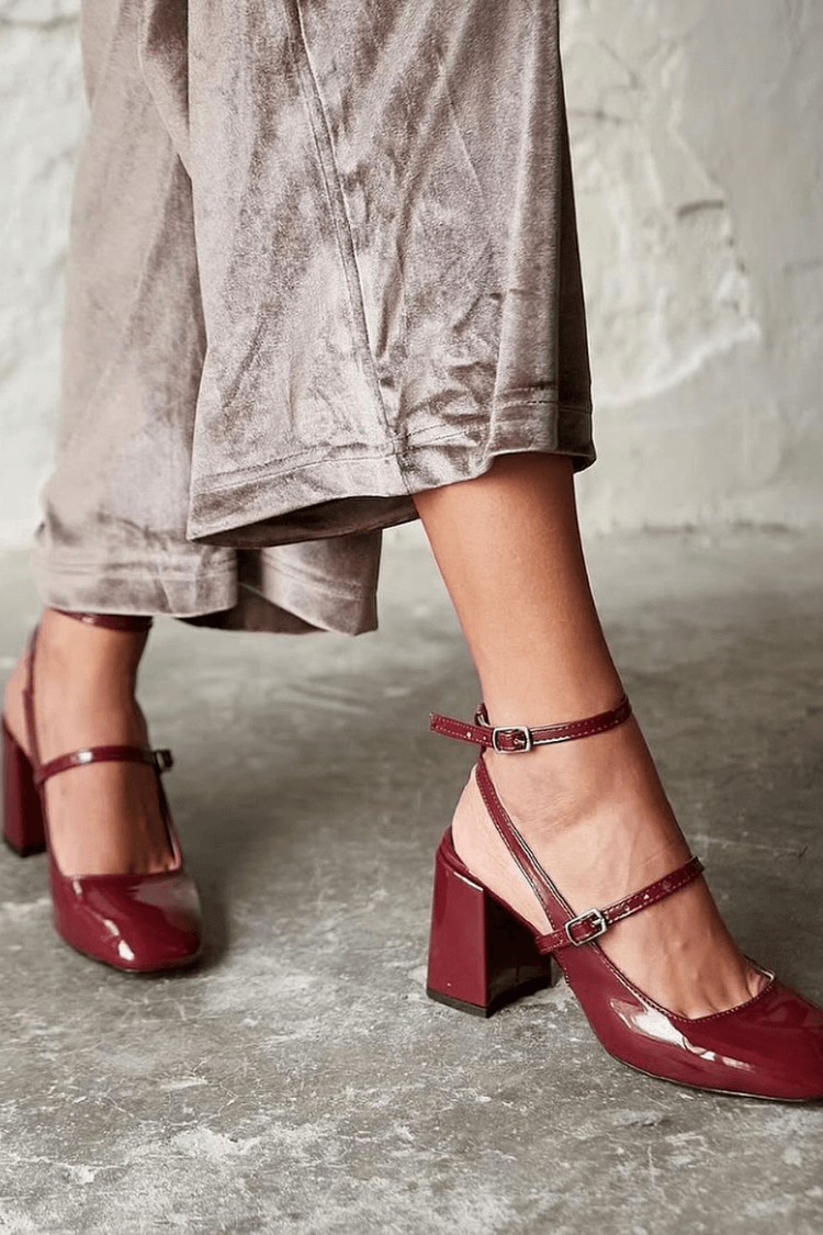 Glossy Wine Red Chunky Heel Two-Strap Mary Jane Pumps