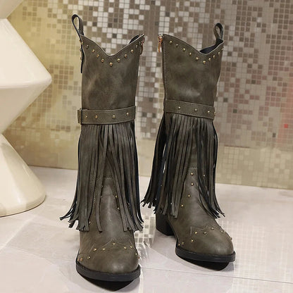 Metal Rivets Fringed Trim Pointed Toe Chunky Heel Mid Calf Boots