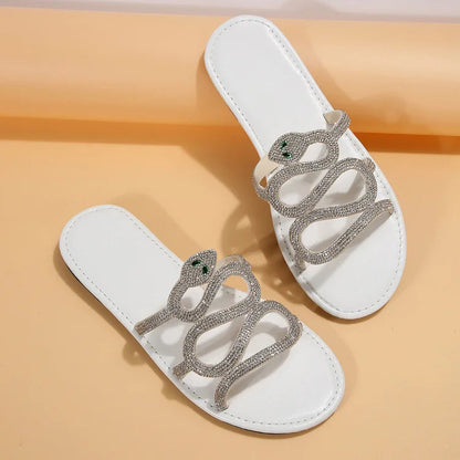 Rhinestone Snake Shaped Strap Round Toe Slippers