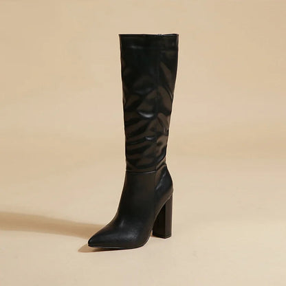 Patchwork Chunky Heel Solid Color Zipper Pointed Toe Knee High Boots