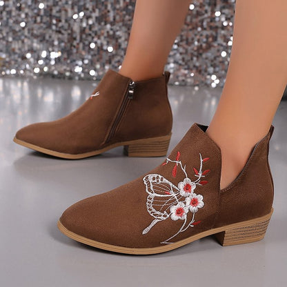 Flower Butterfly Pattern Embroidery Zipper Round Toe Ankle Boots