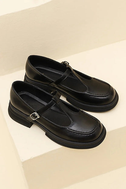 T-Strap Buckle Round Toe Stitch Detail Casual Loafers