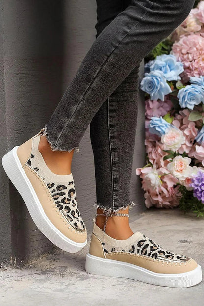 Patchwork Round Toe Leopard Pattern Stitch Detail Loafers