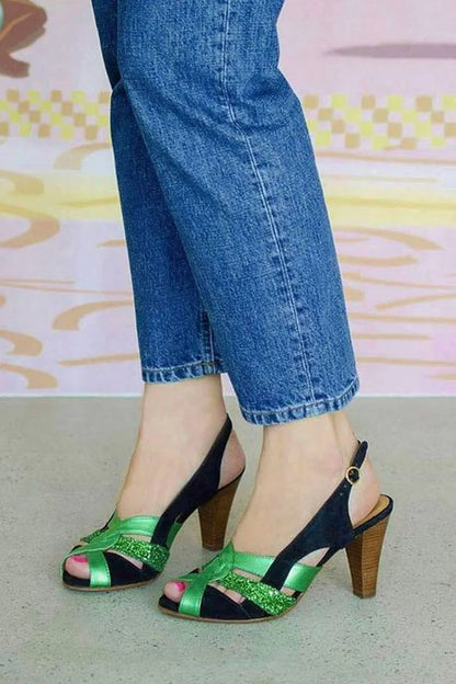 Colorblock Peep Toe Slingback Black Chunky Heels [Pre Order]