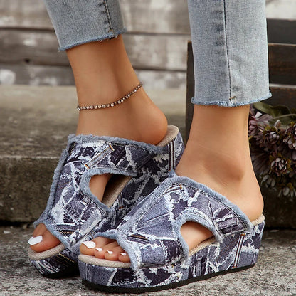 Raw Trim Patchwork Peep Toe Denim Cut Out Platform Wedge Slippers