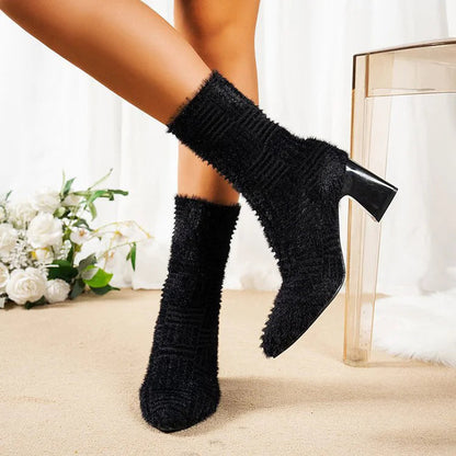 Fluffy Trim Pointed Toe Chunky Heel Pull On Mid Boots