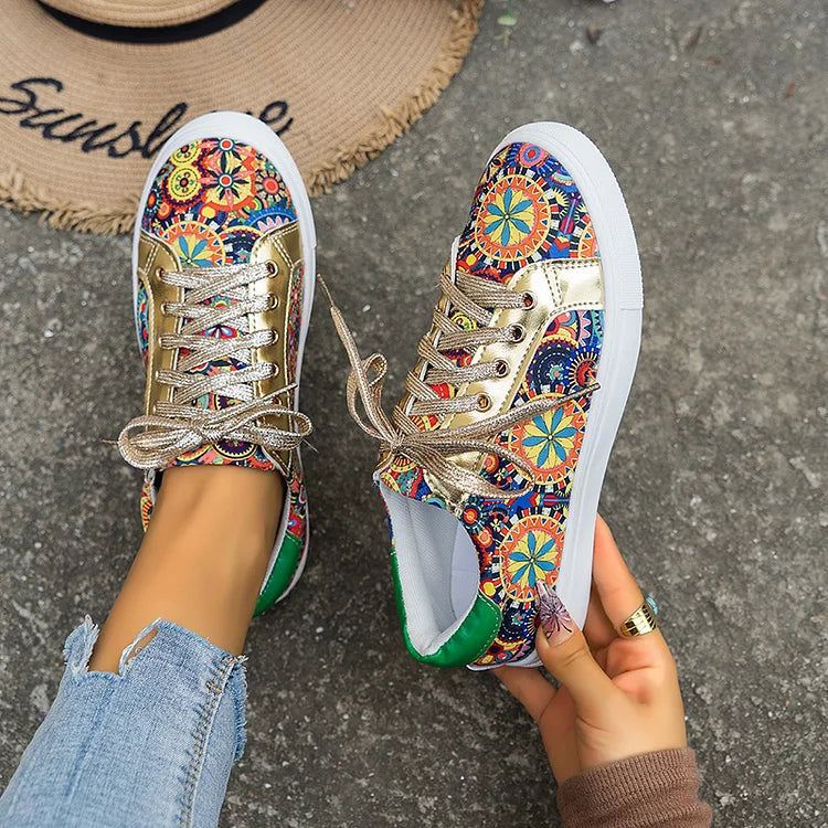 Multicolor Boho Pattern Print Patchwork Round Toe Lace Up Sneakers