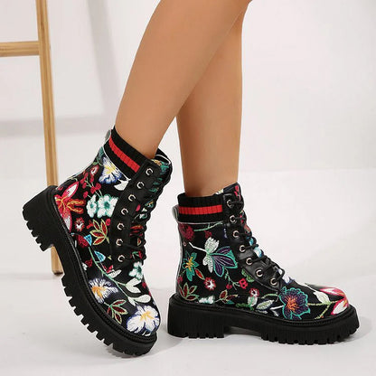 Multicolor Floral Print Patchwork Round Toe Chunky Heel Lace Up Ankle Boots