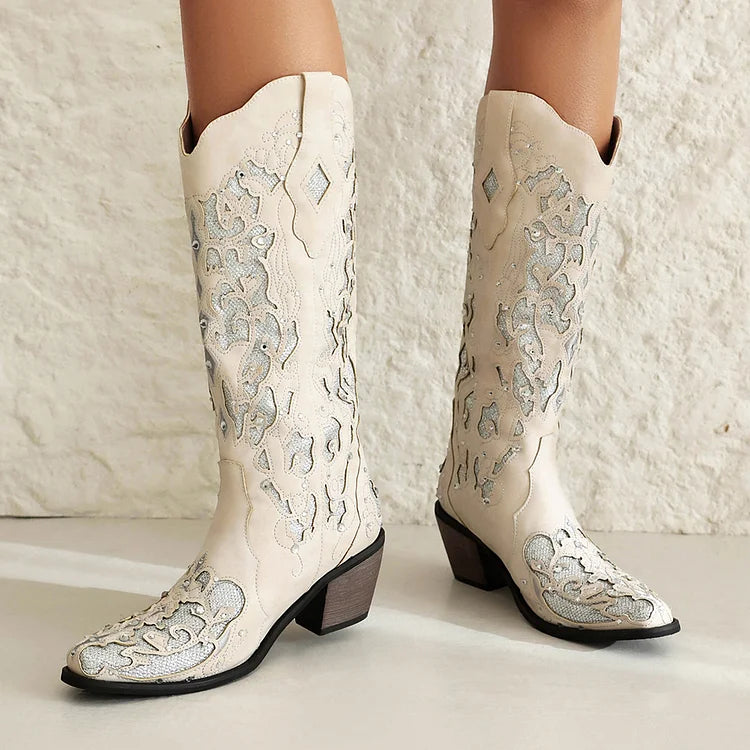 Rhinestone Decor Hollow Out Patchwork Pointed Toe Mid Calf Boots