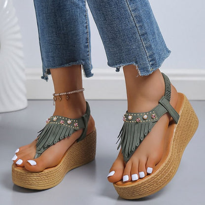 Fringe Trim Rhinestone Pearl Decor Flip Flops Platform Wedge Sandals