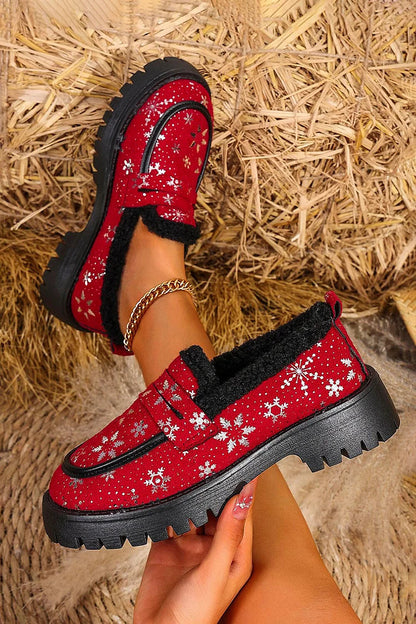 Christmas Snowflake Print Fleece Lined Round Toe Loafers