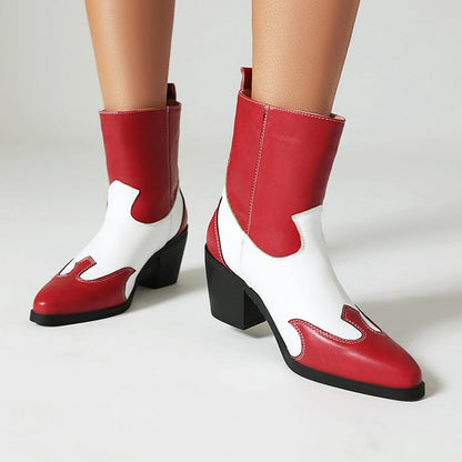 Colorblock Pointed Toe Patchwork Chunky Heel Pull On Ankle Boots