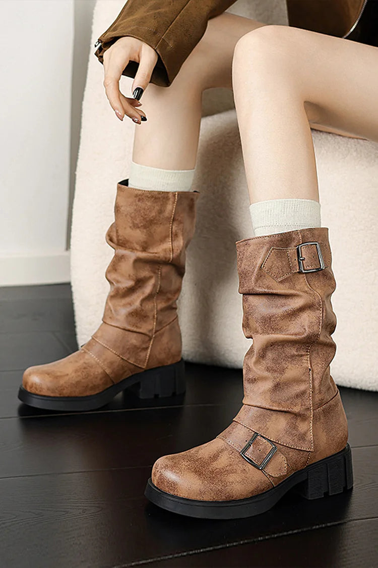 Solid Color Two Straps Buckles Round Toe Chunky Heel Mid Boots