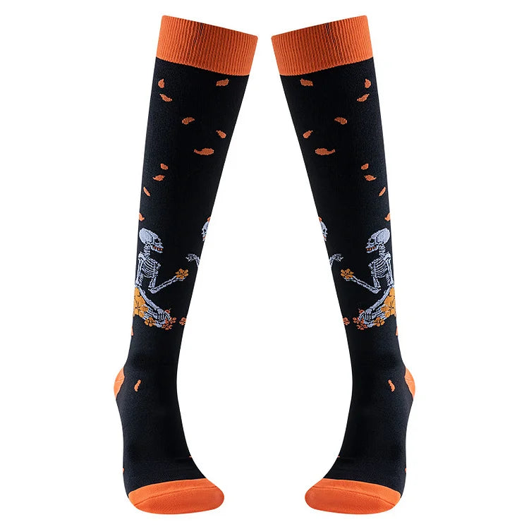 Calcetines por encima de la pantorrilla con estampado de esqueleto bailando guitarra divertidos para Halloween 