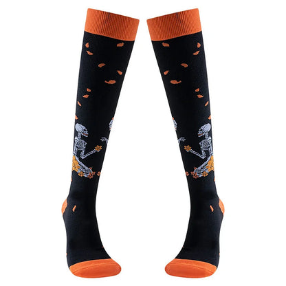 Calcetines por encima de la pantorrilla con estampado de esqueleto bailando guitarra divertidos para Halloween 