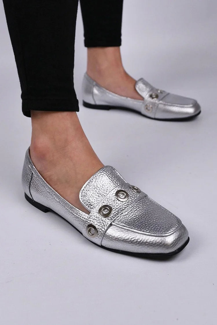 Metal Eyelets Decor Square Toe Patchwork Silver Loafers [Pre Order]