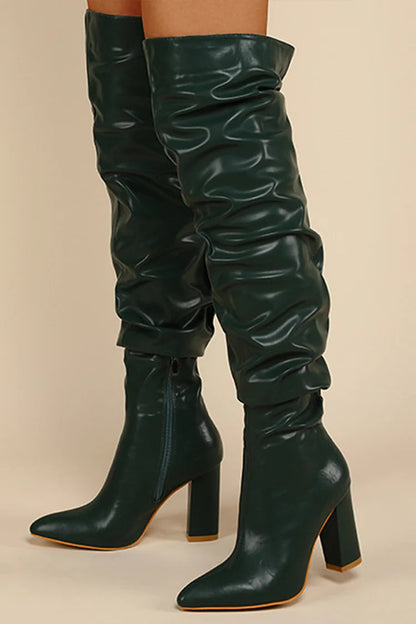 Pointed Toe Chunky Heel Zipper Solid Plain Over The Knee Boots