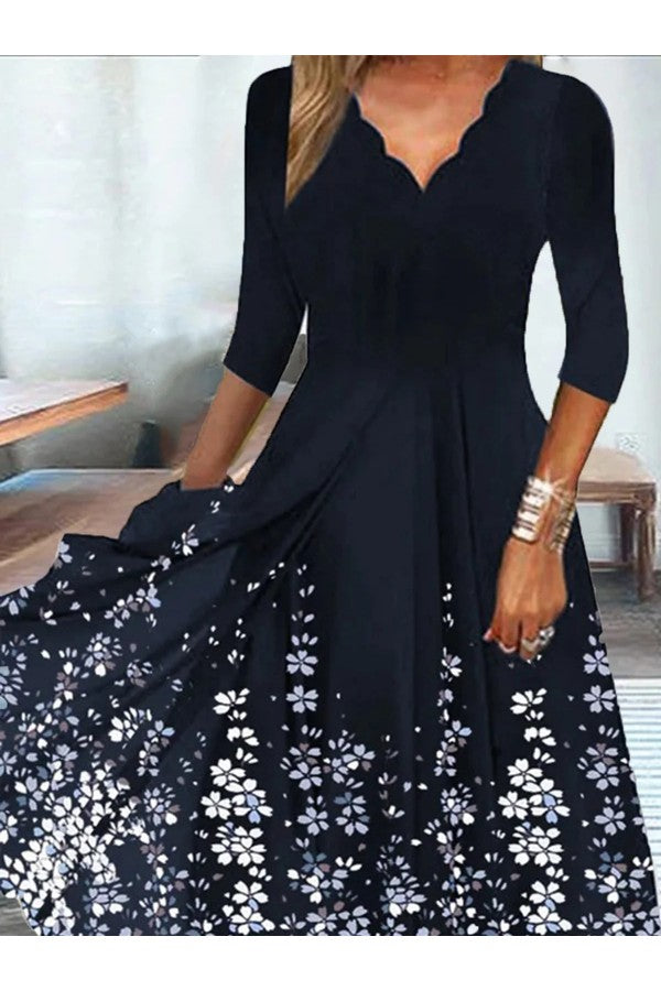 Casual Elegant Floral V Neck Daily Loose 3/4 Sleeve Lightweight Maxi Dress