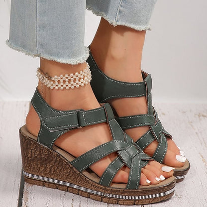 Rhinestone Woven Strap Platform Wedge Peep Toe Magic Stick Closure Sandals