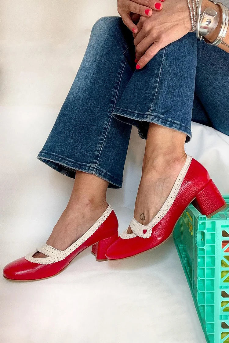 Hollow Out Colorblock Round Toe Red Chunky Heels [Pre Order]