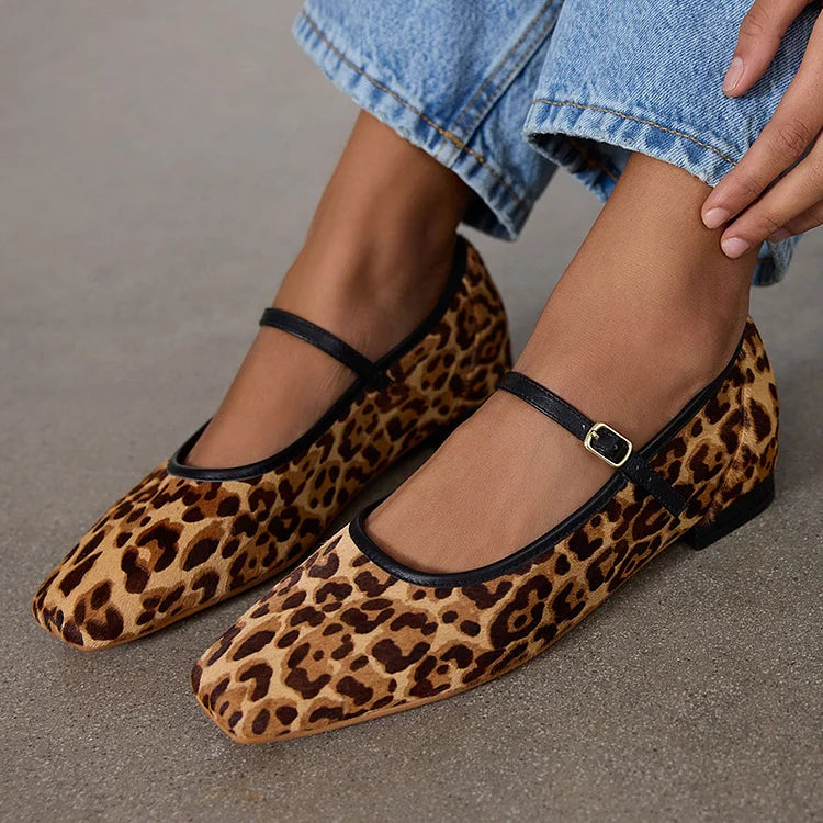 Square Toe Leopard Print Buckle Instep Strap Brown Flats [Pre Order]