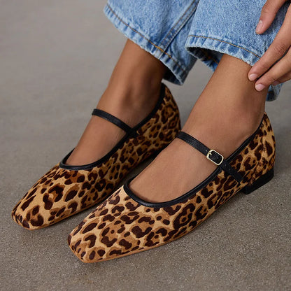 Square Toe Leopard Print Buckle Instep Strap Brown Flats [Pre Order]