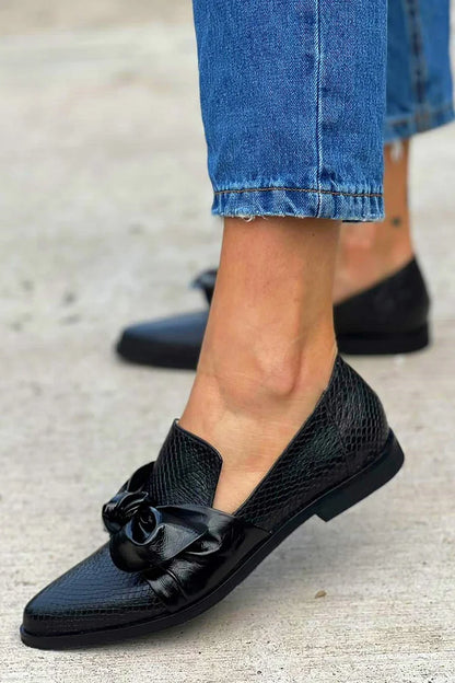 Snakeskin Print Bow Knotted Pointy Toe Slip On Black Loafers