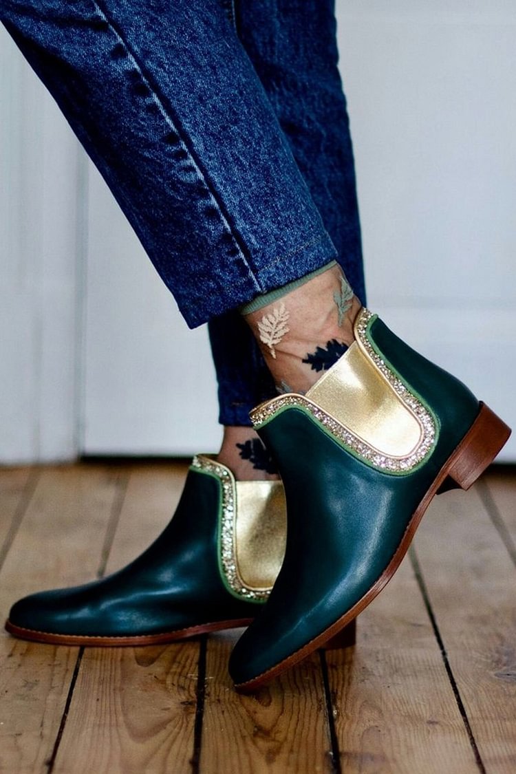 Colorblock Pointed Toe Dark Green Ankle Boots [Pre Order]