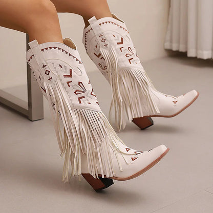 Tribal Pattern Embroidery Fringe Pointed Toe Chunky Heel Western Boots