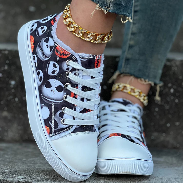 Halloween Pumpkin Ghost Head Print Raw Trim Lace Up Casual Shoes