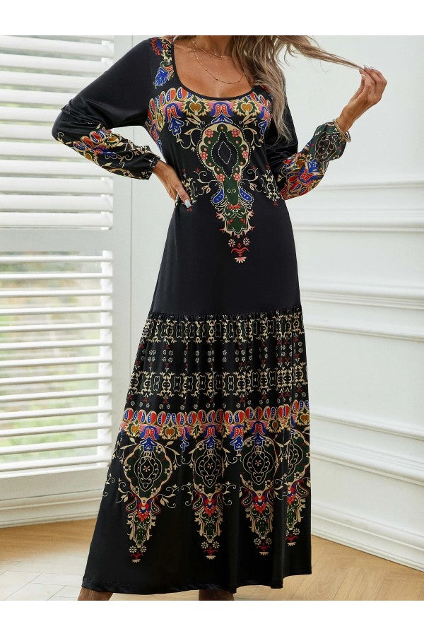 Ethnic Vintage Casual Crew Neck Long Sleeve Lightweight H-line Daily Maxi Dress