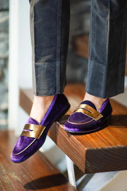 Round Toe Patchwork Velvet Casual Purple Loafers [Pre Order]