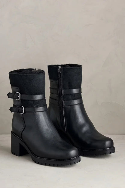 Two Strap Buckle Patchwork Chunky Heel Black Snow Boots [Pre Order]