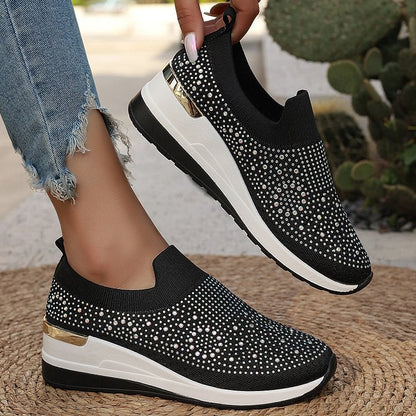 Rhinestone Embellished Round Toe Slip On Platform Casual Shoes Sneakers